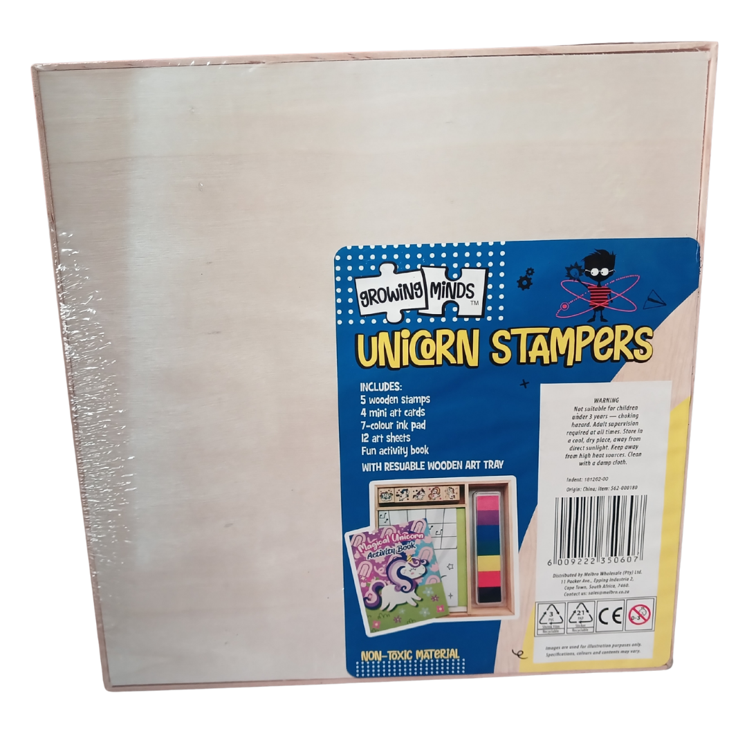 Magical Unicorn stamper set with wooden stamps, colorful ink pad, and activity book in a wooden tray