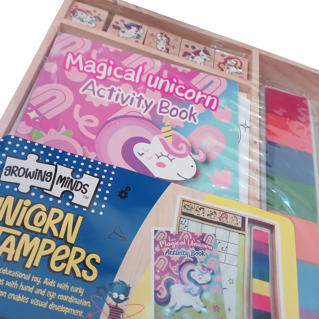 Magical Unicorn stamper set with wooden stamps, colorful ink pad, and activity book in a wooden tray