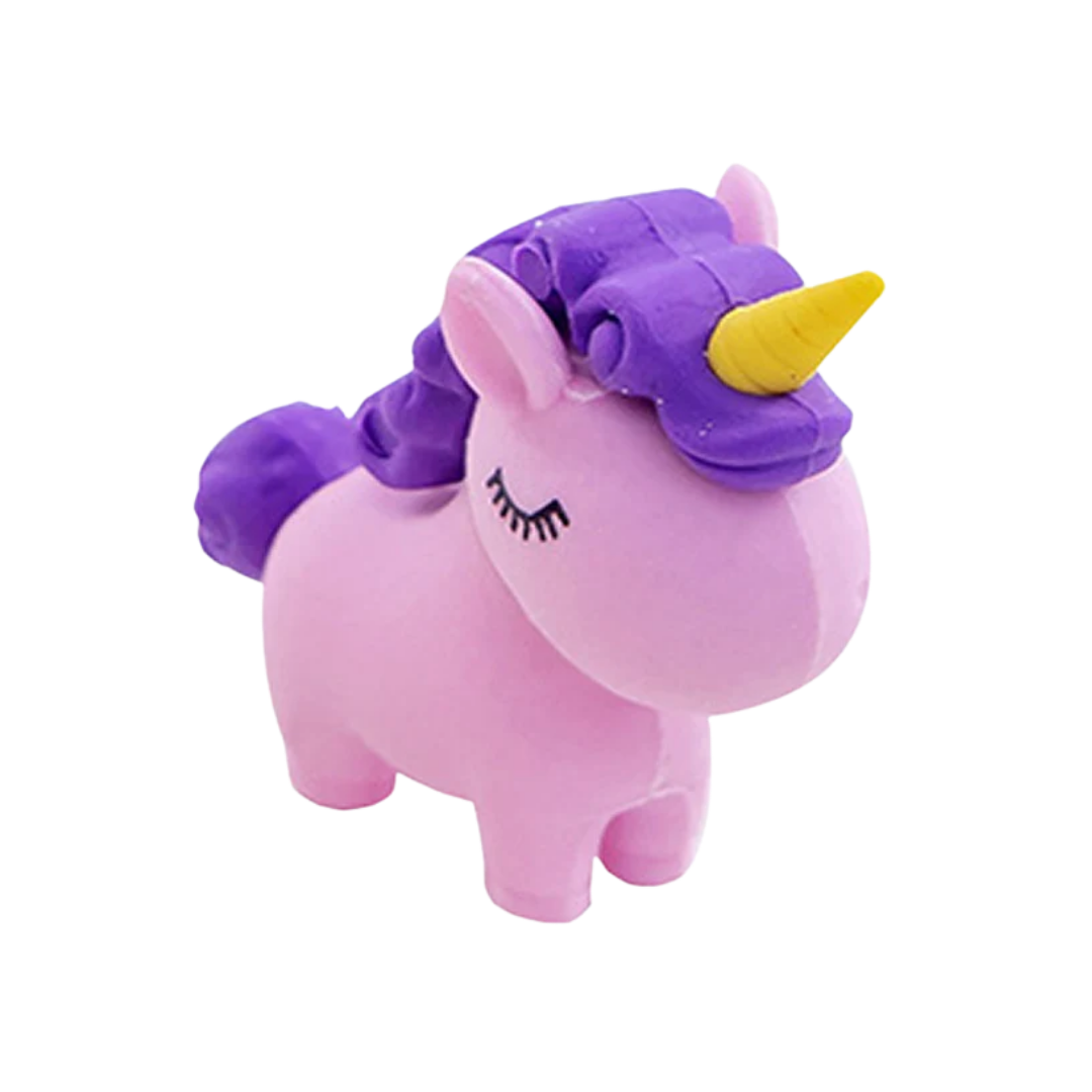 A collection of colorful 3D unicorn puzzle erasers in pastel pink, yellow, green, and blue.