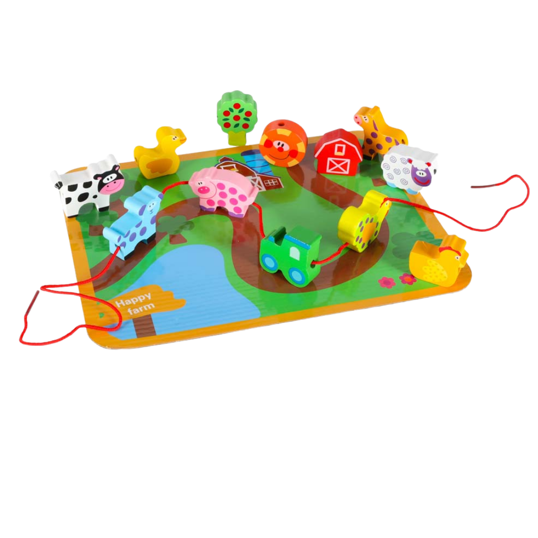 Wooden farm play set featuring 13 colorful animal pieces and a play mat for toddlers
