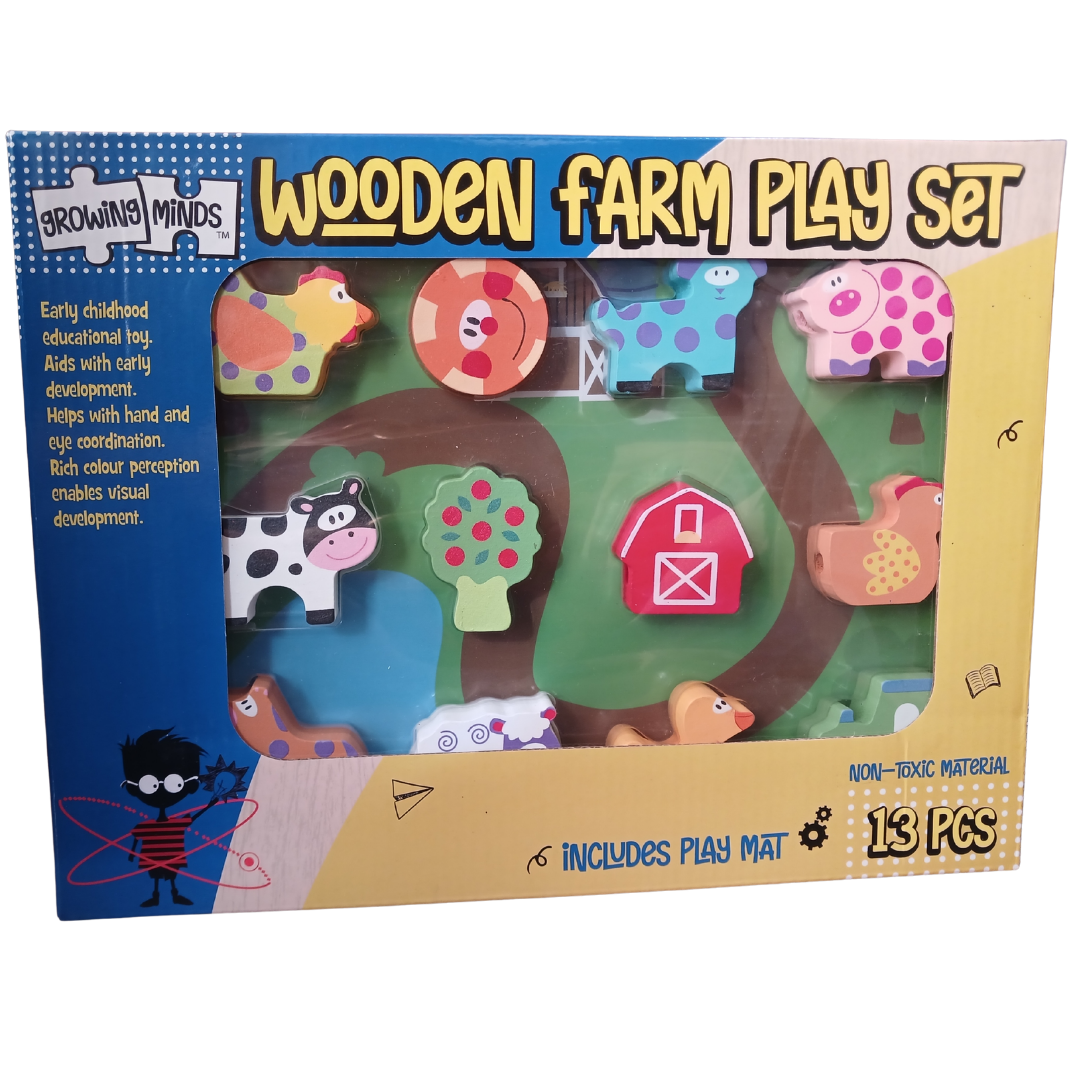 Wooden farm play set featuring 13 colorful animal pieces and a play mat for toddlers