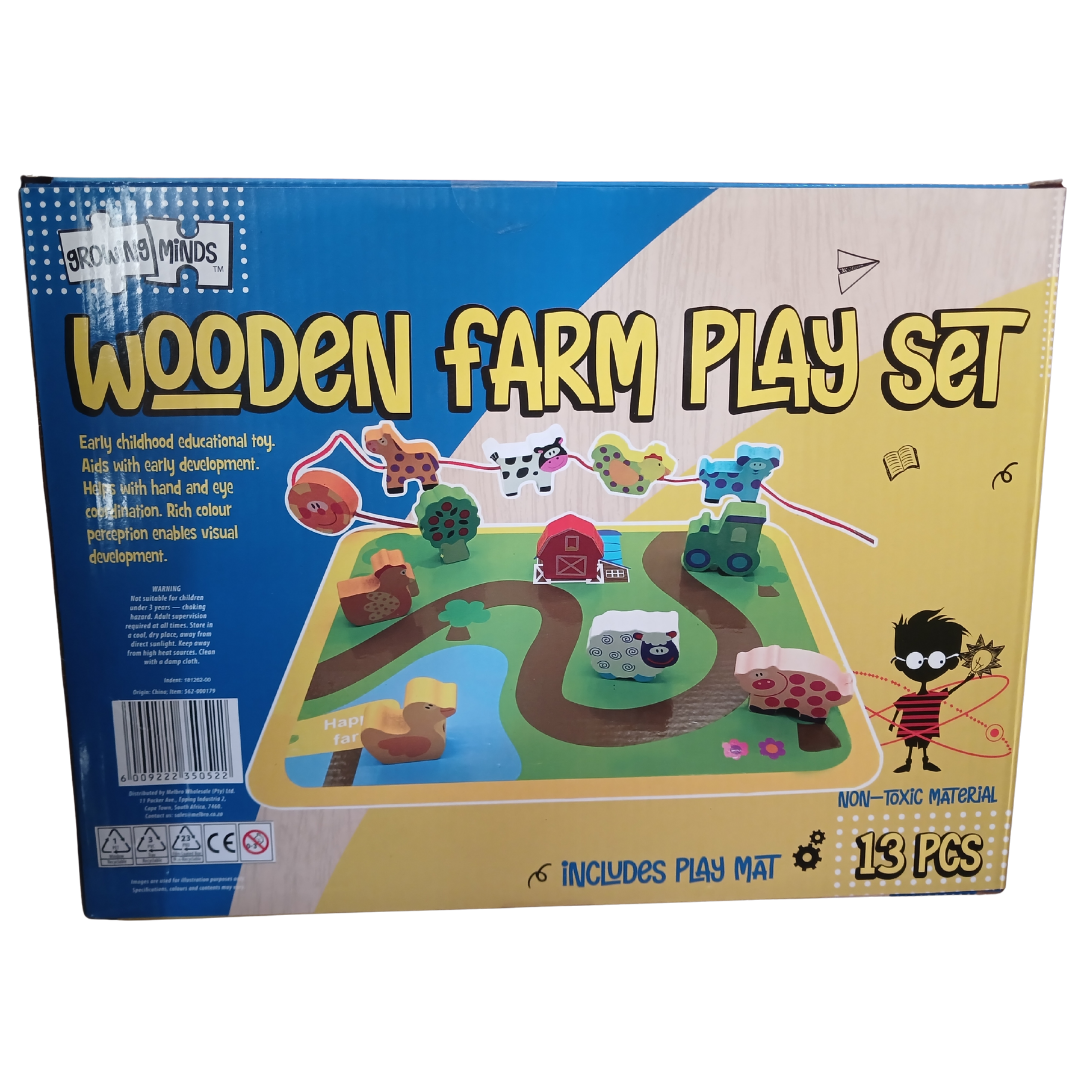 Wooden farm play set featuring 13 colorful animal pieces and a play mat for toddlers