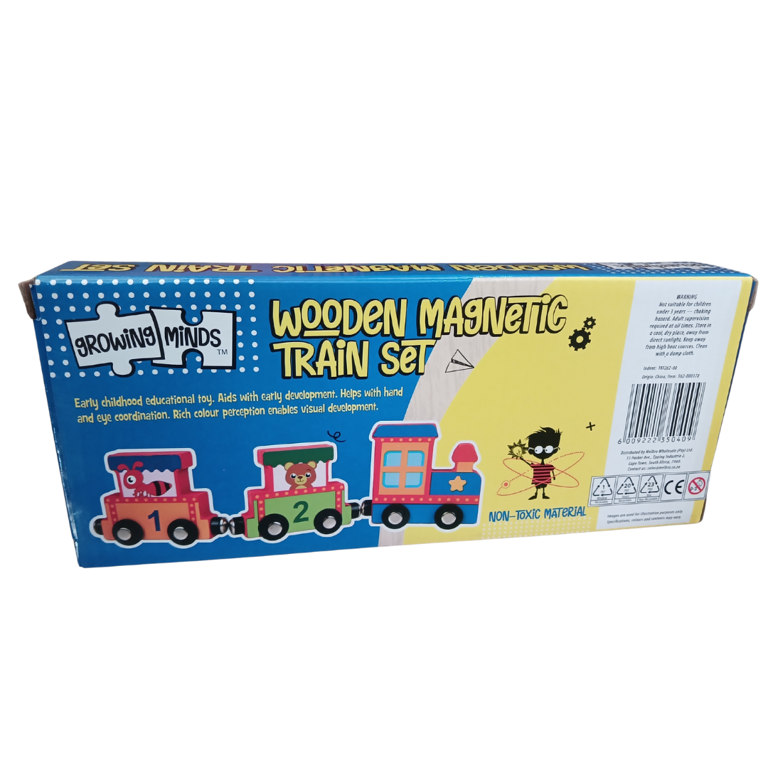 Front view of the Growing Minds Wooden Magnetic Train Set packaging showing a colorful blue and red locomotive followed by a yellow number one car with an ant and a green number two car with a bear.