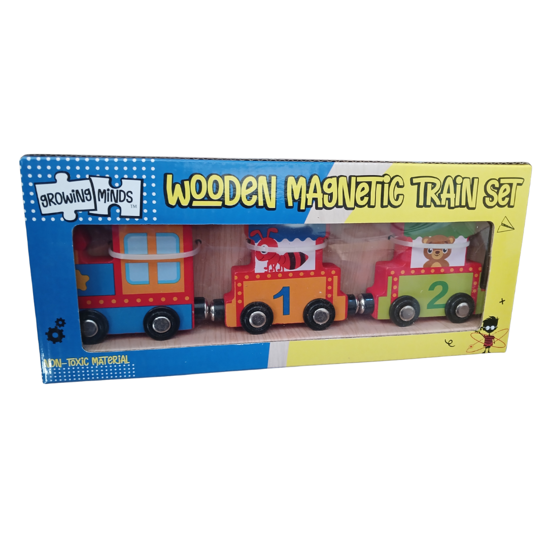 Front view of the Growing Minds Wooden Magnetic Train Set packaging showing a colorful blue and red locomotive followed by a yellow number one car with an ant and a green number two car with a bear.
