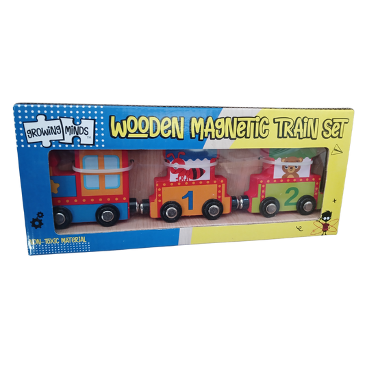 Front view of the Growing Minds Wooden Magnetic Train Set packaging showing a colorful blue and red locomotive followed by a yellow number one car with an ant and a green number two car with a bear.