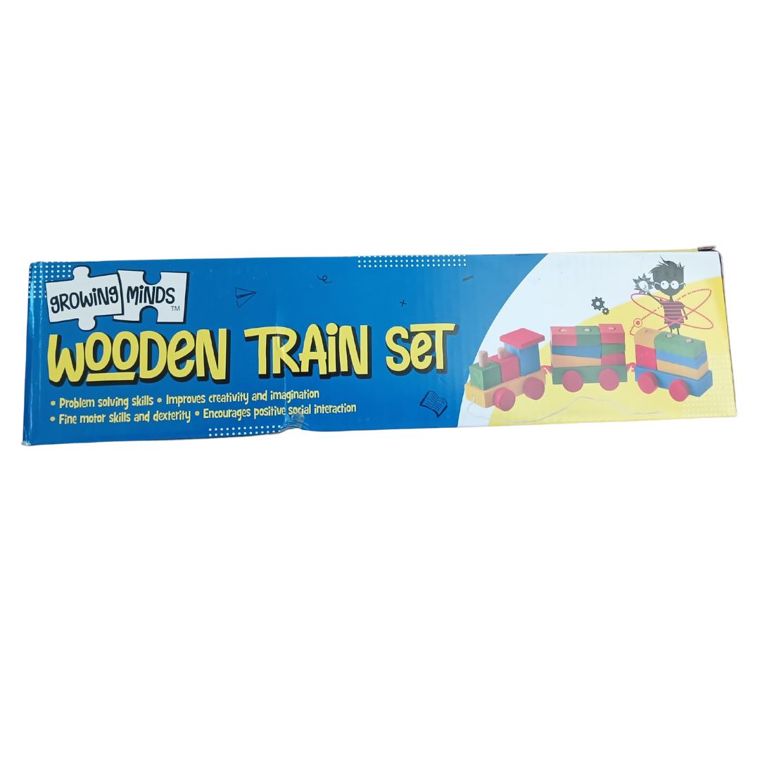 Growing Minds Wooden Train Set box showing fine motor skills benefits and colorful stacking blocks as referenced in Wooden Train Set