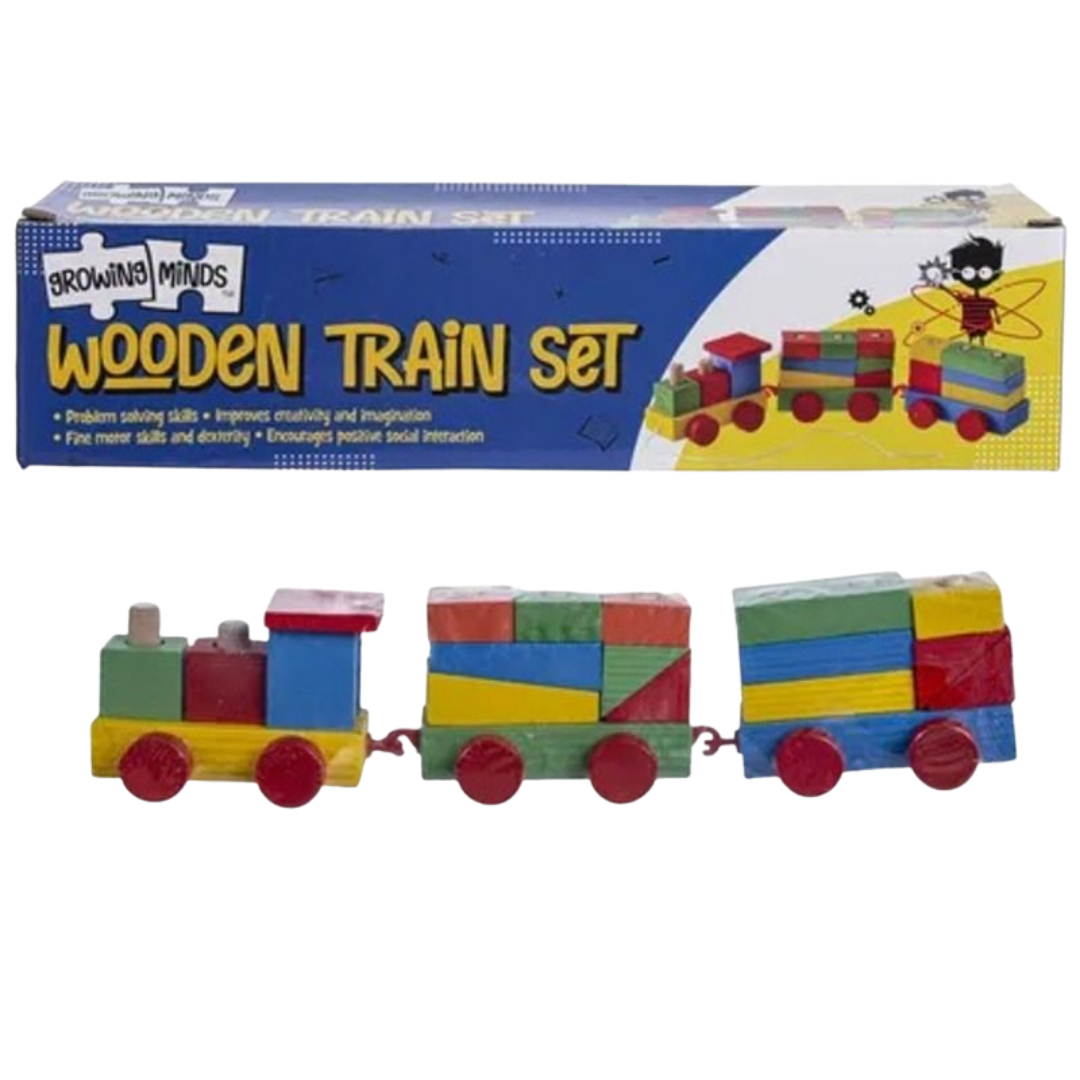 Growing Minds Wooden Train Set box showing fine motor skills benefits and colorful stacking blocks as referenced in Wooden Train Set