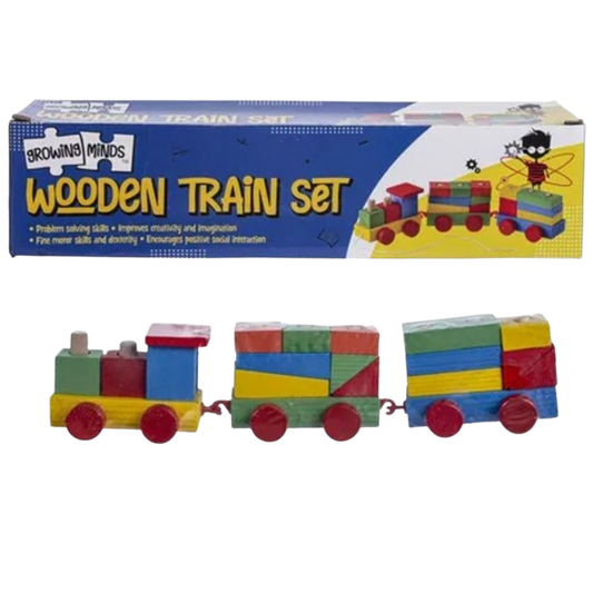 Growing Minds Wooden Train Set box showing fine motor skills benefits and colorful stacking blocks as referenced in Wooden Train Set