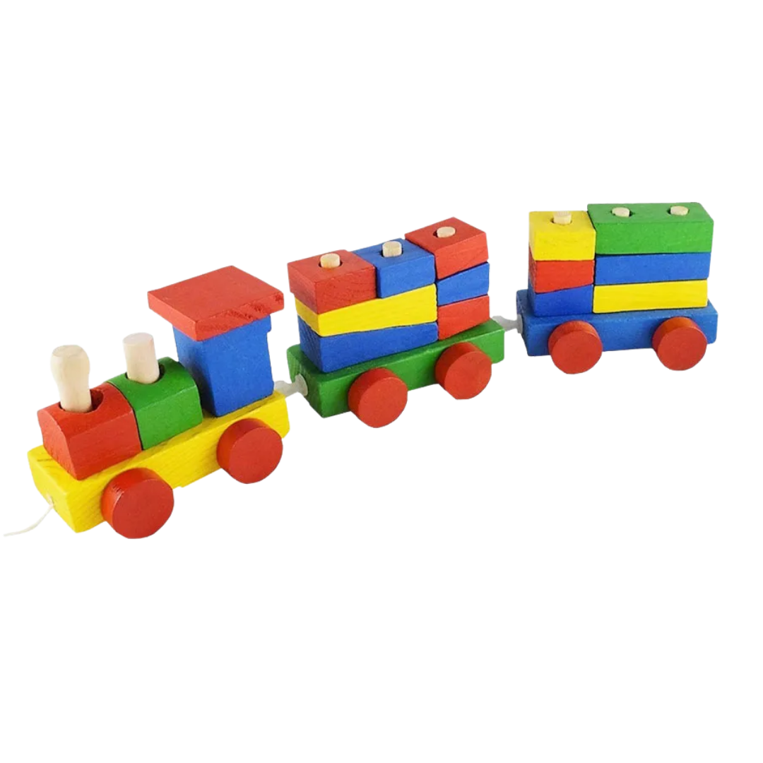 Growing Minds Wooden Train Set box showing fine motor skills benefits and colorful stacking blocks as referenced in Wooden Train Set