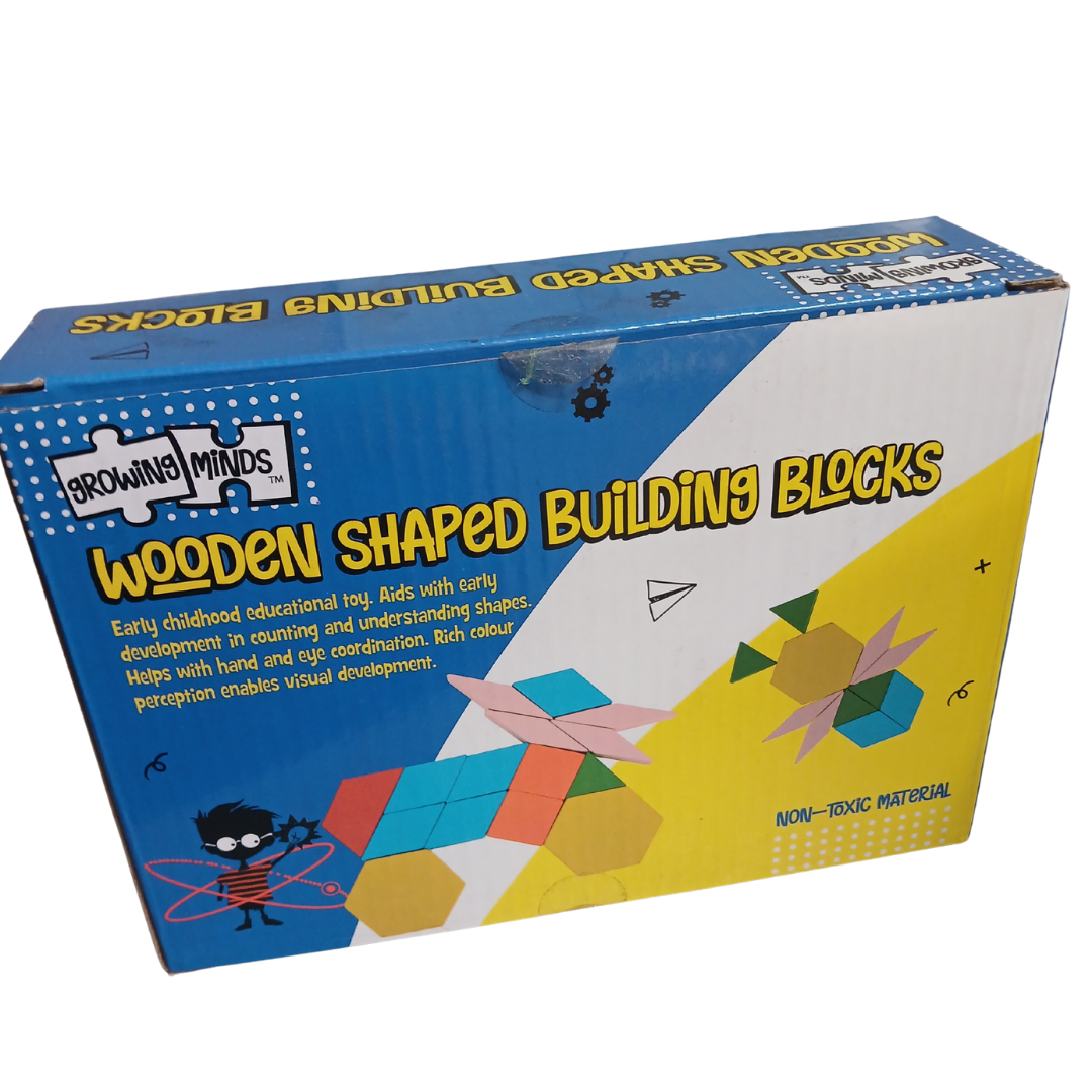 Growing Minds Wooden Shaped Building Blocks box showing colorful geometric shapes used to build a bird and flower design.
