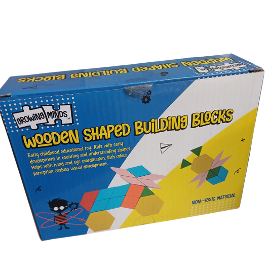 Growing Minds Wooden Shaped Building Blocks box showing colorful geometric shapes used to build a bird and flower design.