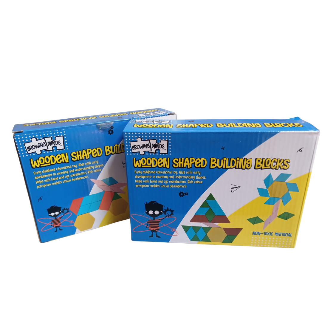 Growing Minds Wooden Shaped Building Blocks box showing colorful geometric shapes used to build a bird and flower design.