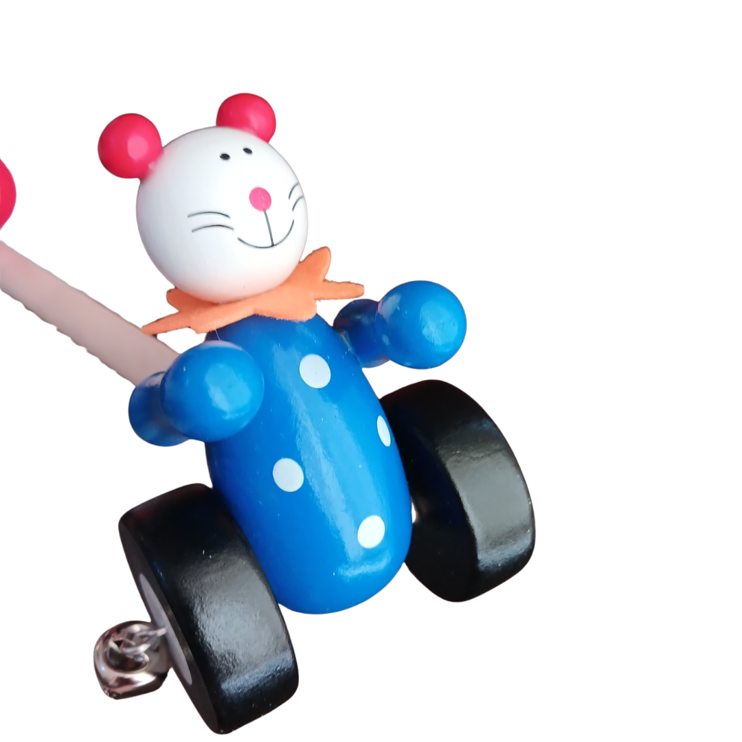 Wooden push toy blue mouse clown character with black wheels and ringing bell