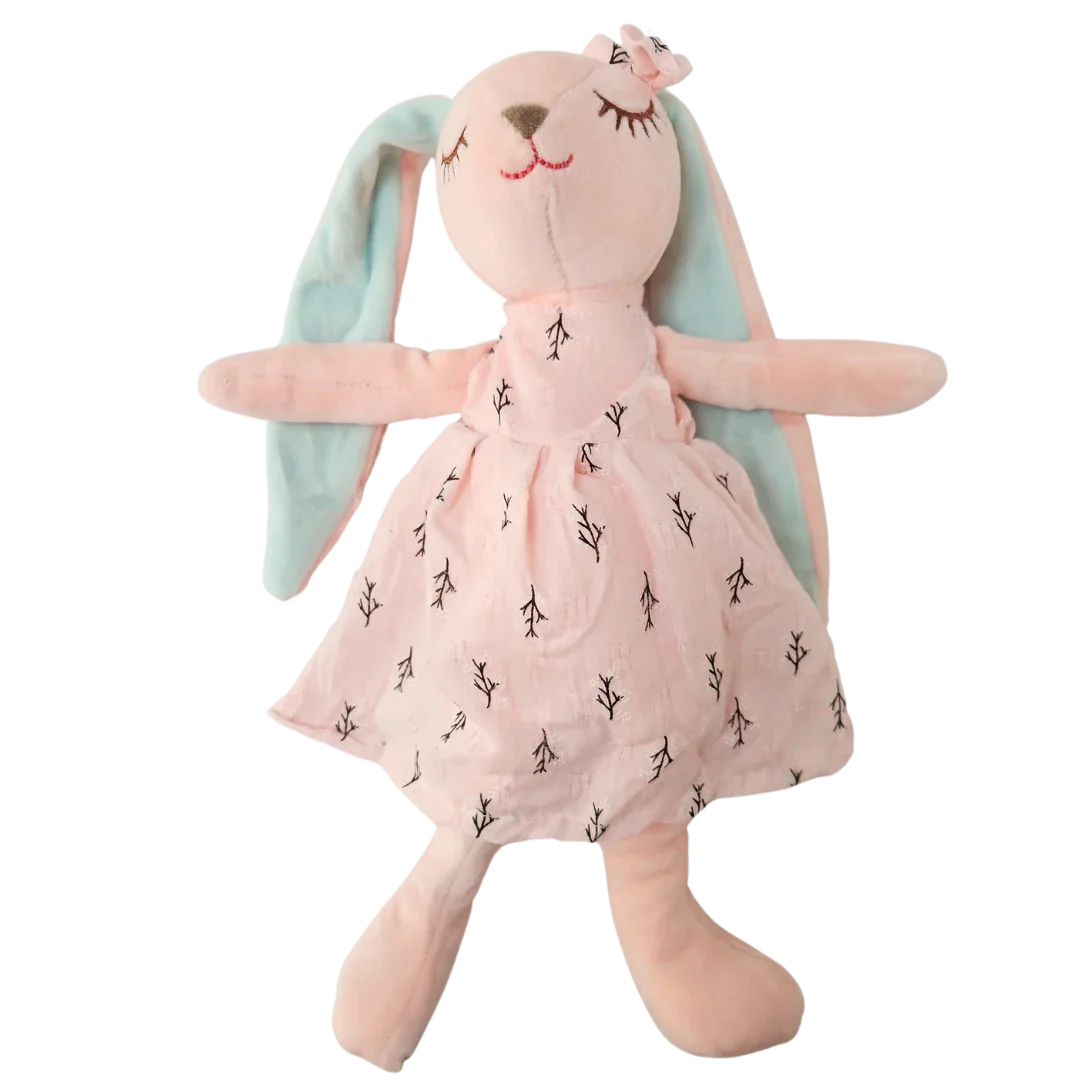 Soft pink plush bunny toy, 35cm, lying on its side