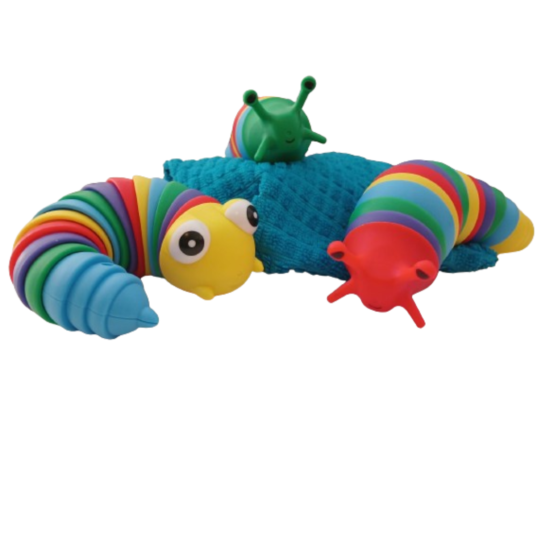 Wriggly slug and worm toys shown together